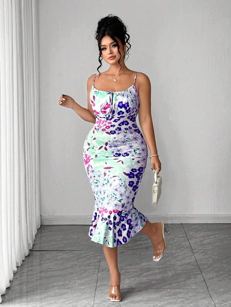 Women'S Fashion Jersey - Womens Colorful Floral Spaghetti Strap Mermaid