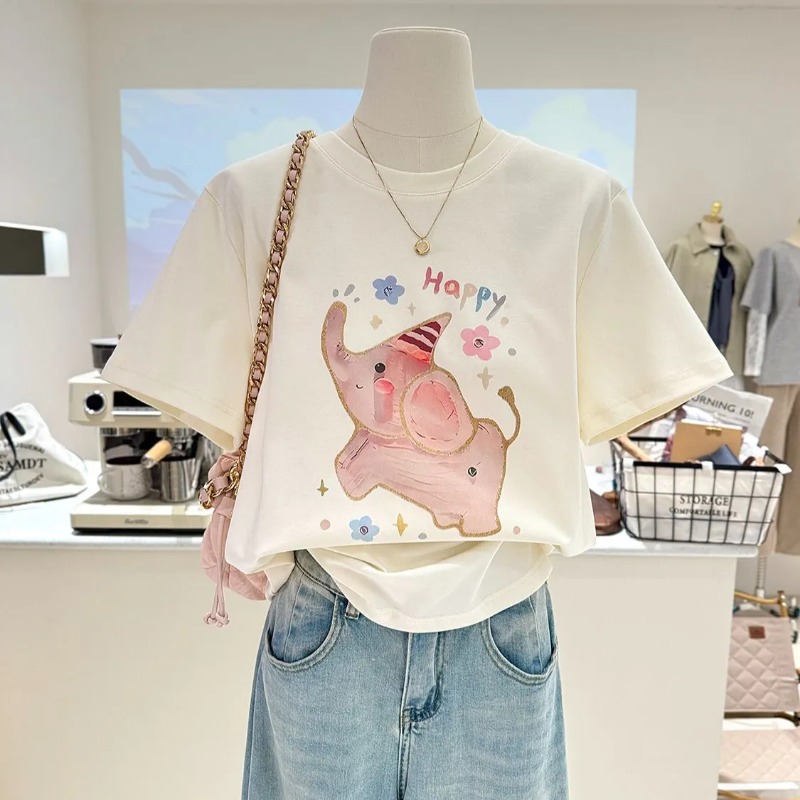 Women Fashion Quotes - Cute Cartoon Pink Elephant Print Crew