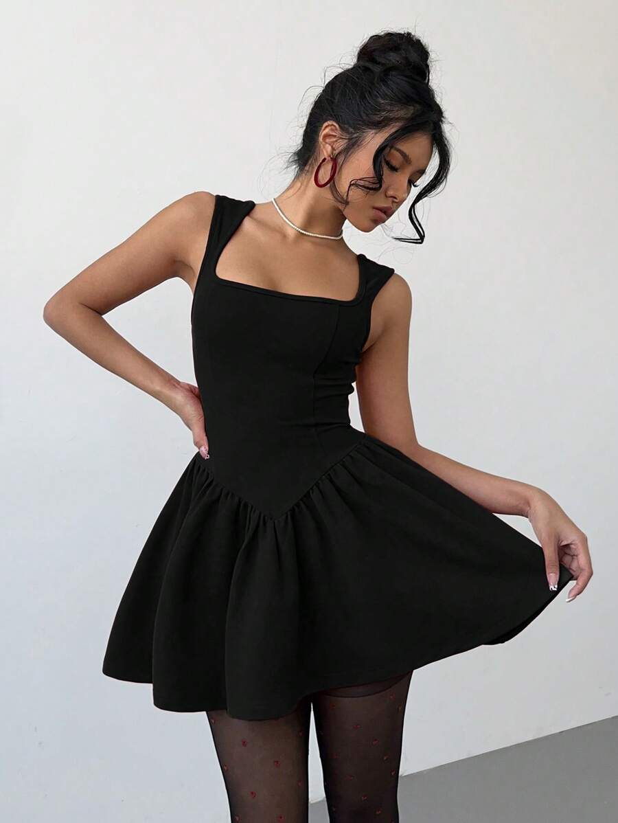 Women'S Fashion Jersey - Women Square Neck Sleeveless Pleated Mini