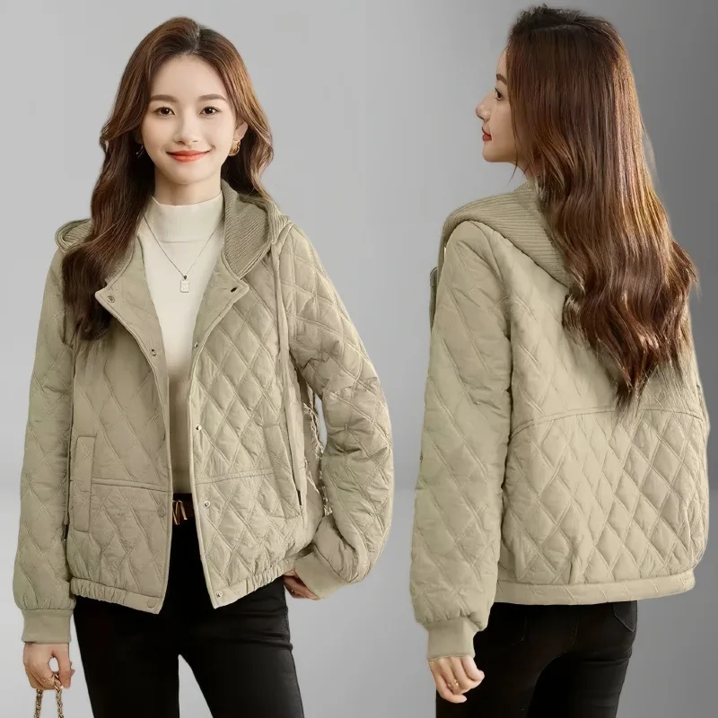 Women'S Fashion Quilted Jacket - Women's Diamond Grid Fashion Hooded Drawstring