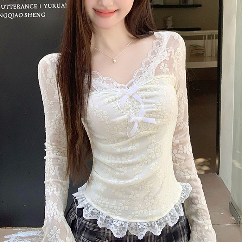 Women Fashion Styles - Women Long Sleeved T-shirt V-neck Lace