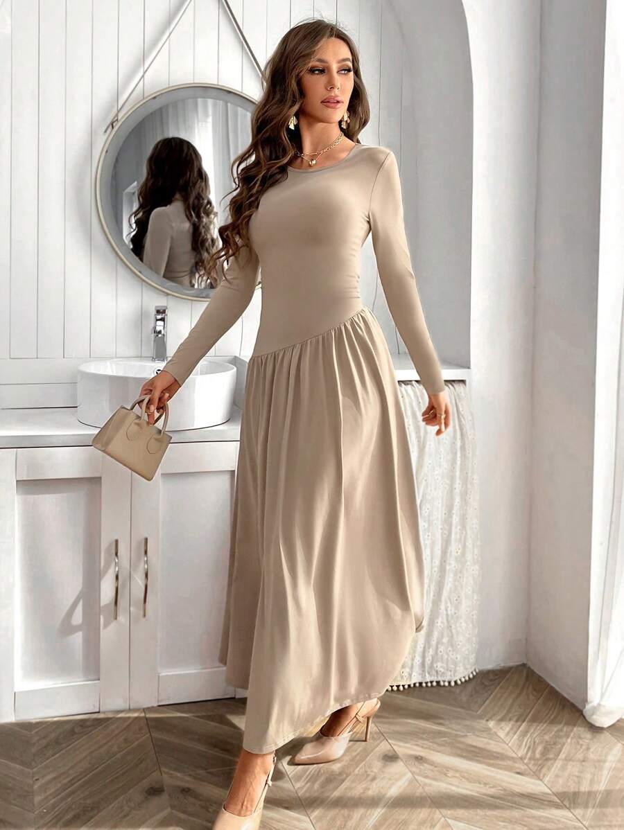 Women'S Fashion Jersey - Long Sleeve Flounce Hem Maxi Dress
