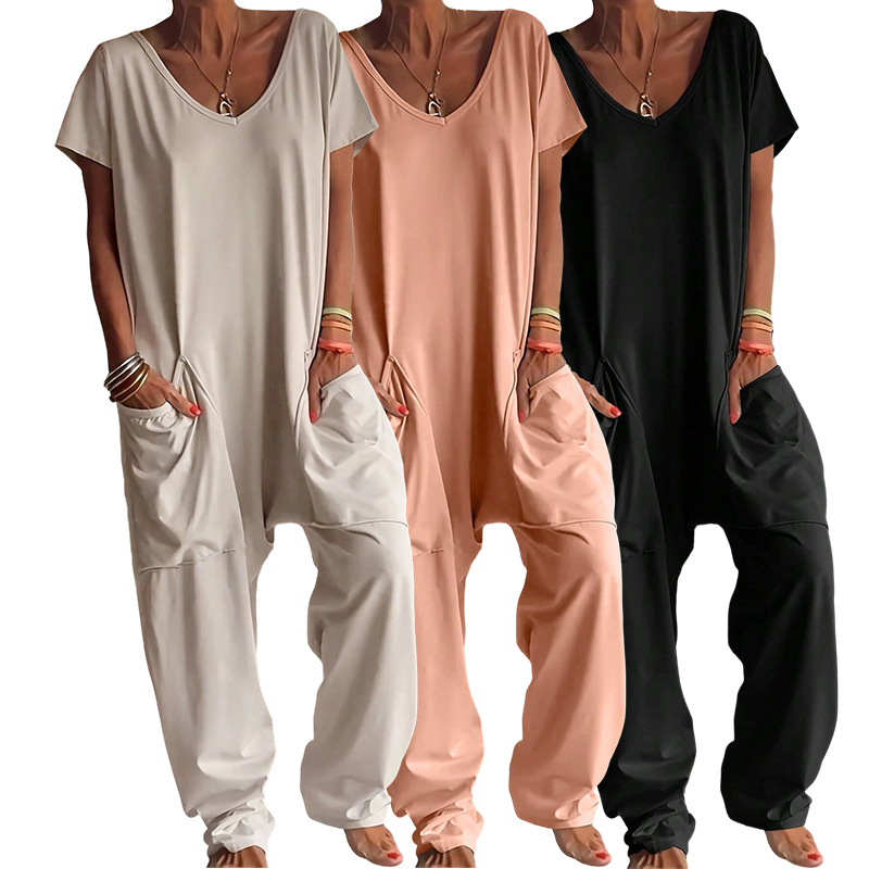 Solid V-neck Dropped Crotches  - Women'S Fashion Overalls review and price