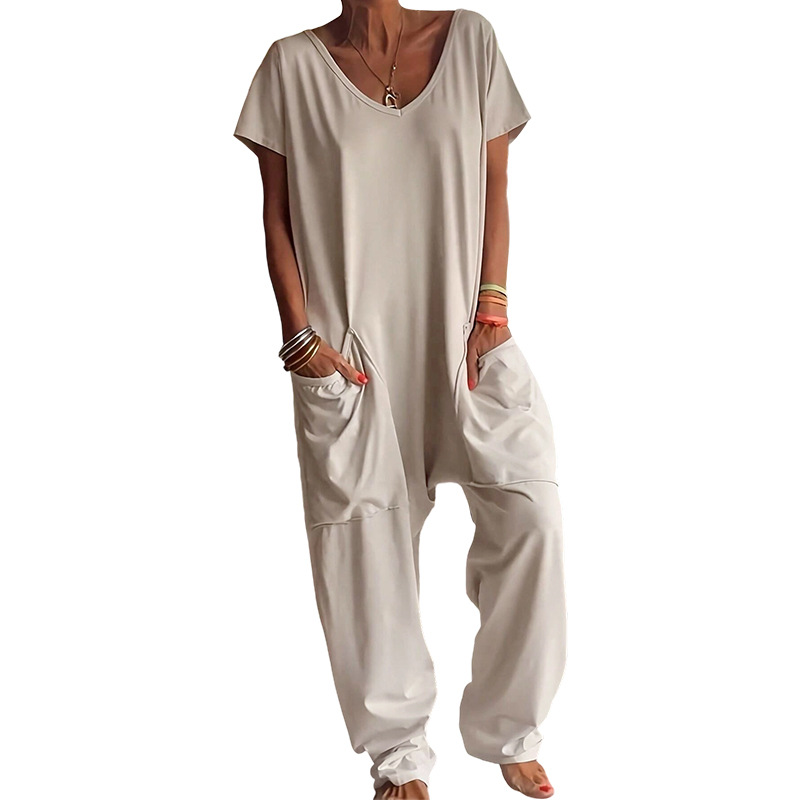 Solid V-neck Dropped Crotches  - Women'S Fashion Overalls review and price