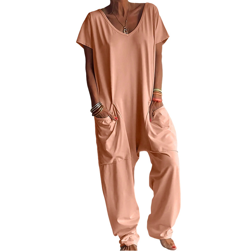 Solid V-neck Dropped Crotches  - Women'S Fashion Overalls review and price