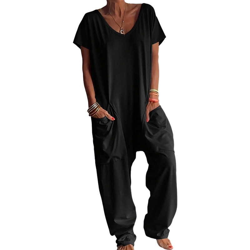 Solid V-neck Dropped Crotches  - Women'S Fashion Overalls review and price